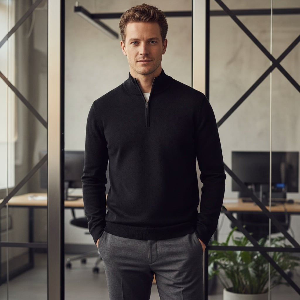 Black Half-Zip Pullover, Charcoal Slim Trousers, And Black Leather Loafers