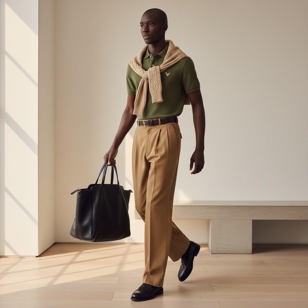 Olive Polo Shirt With Chest Logo, Beige Sweater Over Shoulders, Camel Pleated Trousers With Belt, Black Leather Loafers, And Black Leather Tote