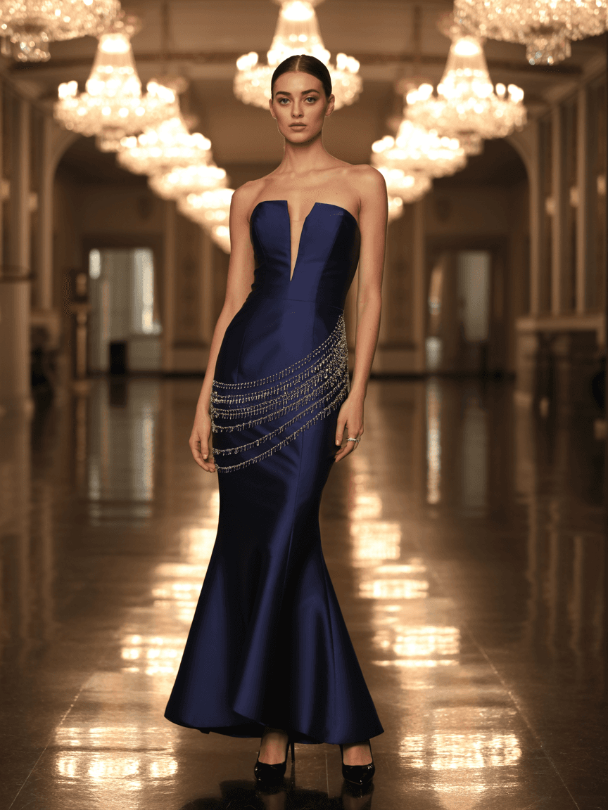 Navy Strapless Evening Gown With Sweetheart Neckline And Crystal Embellishments