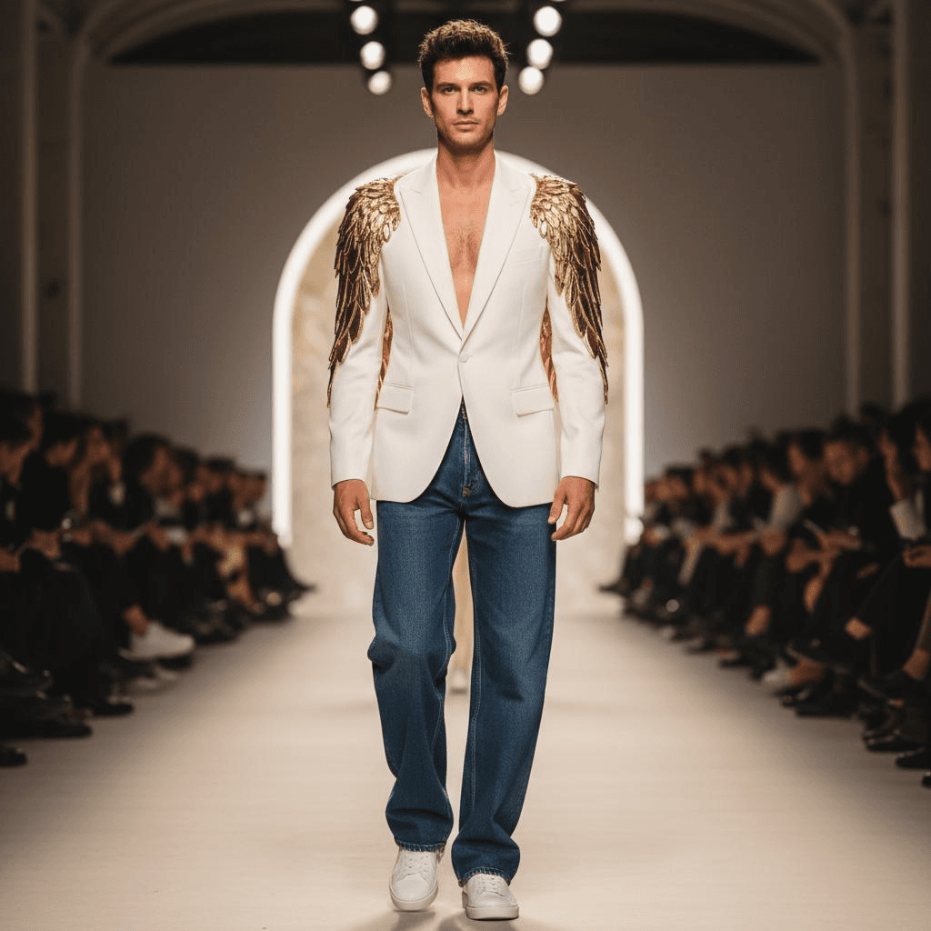 White Tailored Blazer With Gold Wing-Like Details, Paired With Wide-Leg Dark Blue Denim Jeans