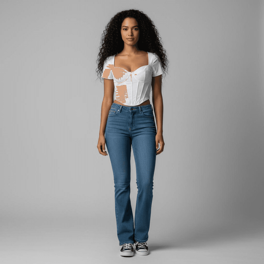 White Short-Sleeve Corset Top With Sweetheart Neckline, Blue Bootcut Jeans, And Black Canvas Sneakers