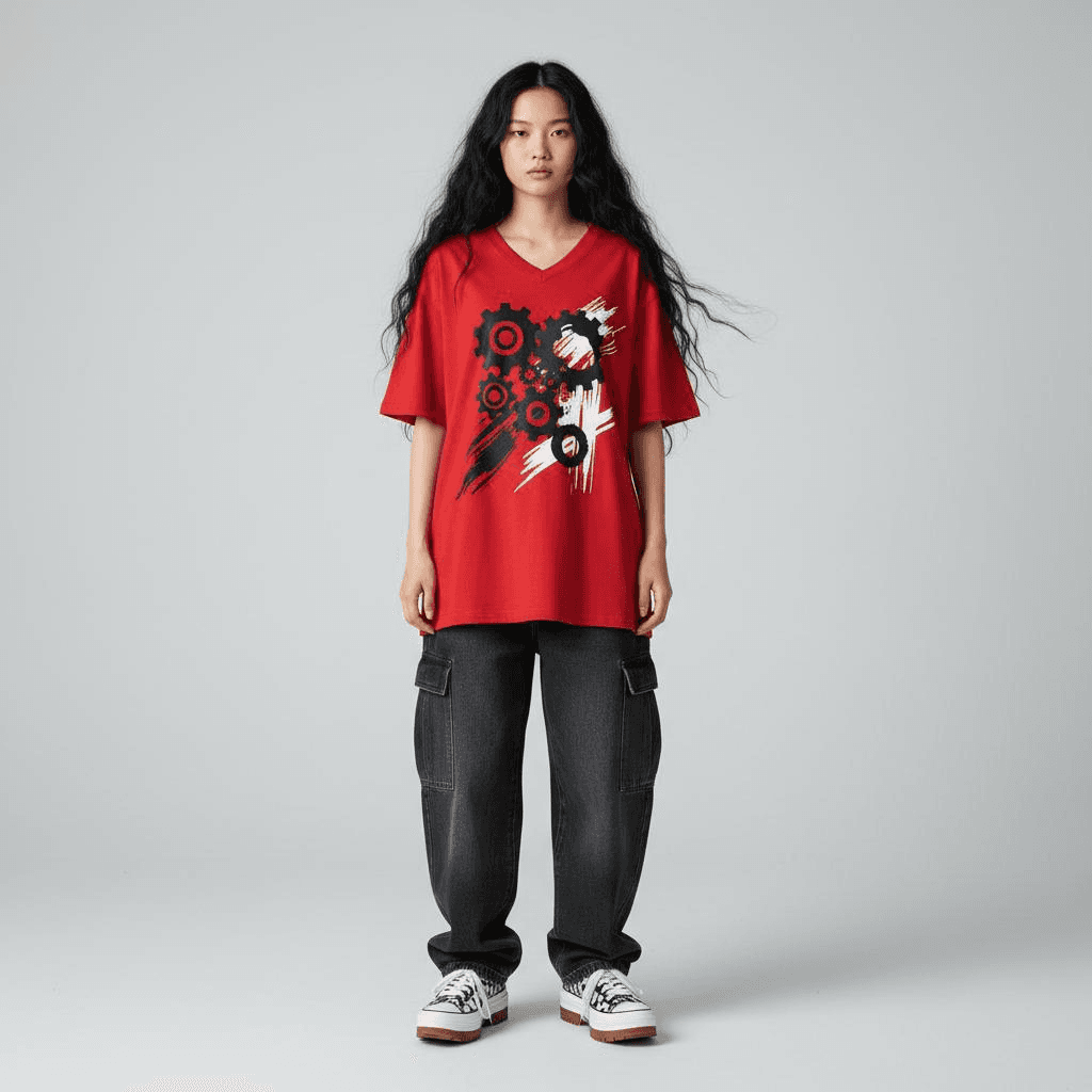 Oversized Red Graphic V-Neck Tee, Dark-Wash Baggy Cargo Jeans, Skate Sneakers