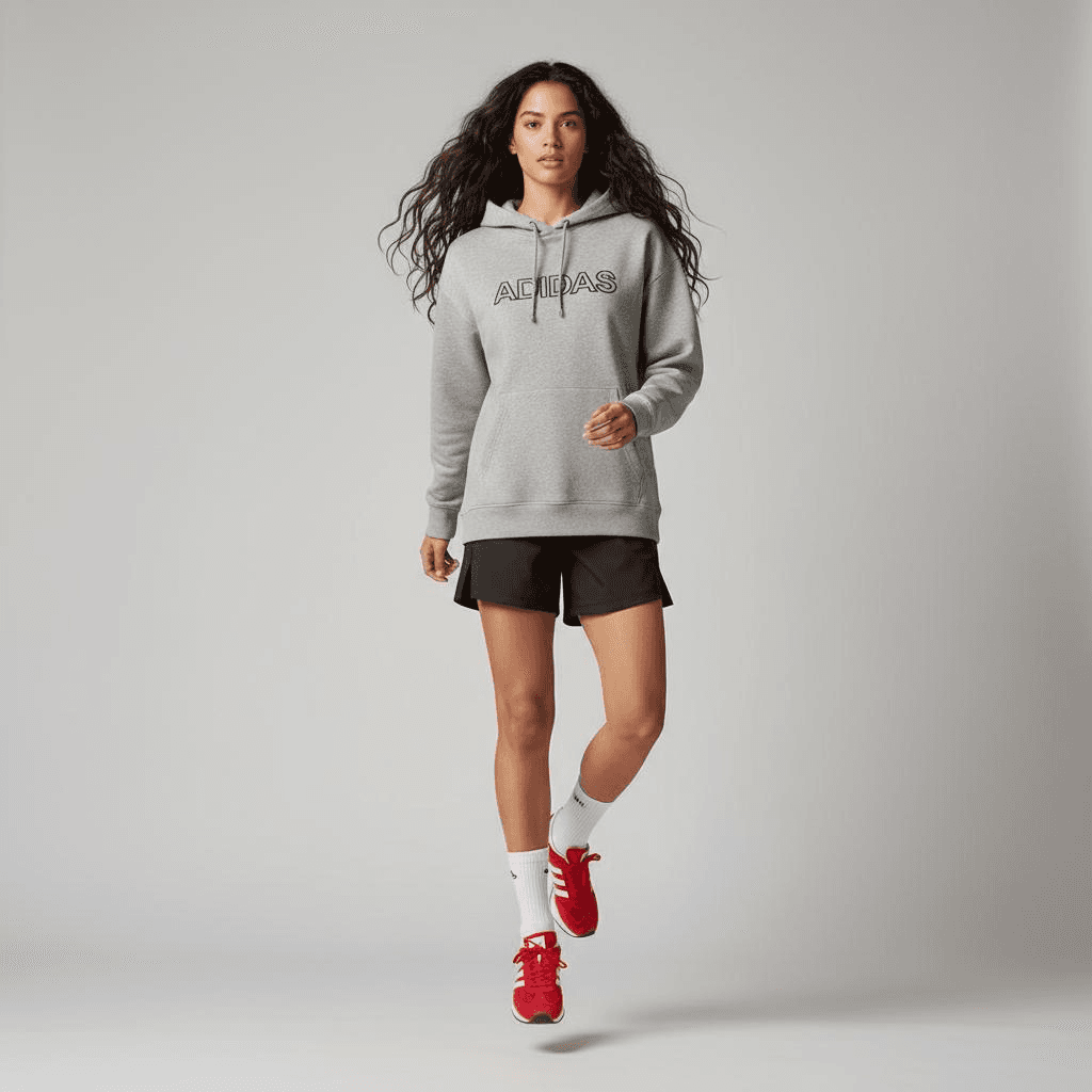 Heather-Grey Oversized Logo Hoodie With Black Side-Slit Running Shorts, White Socks, And Red Retro Sneakers