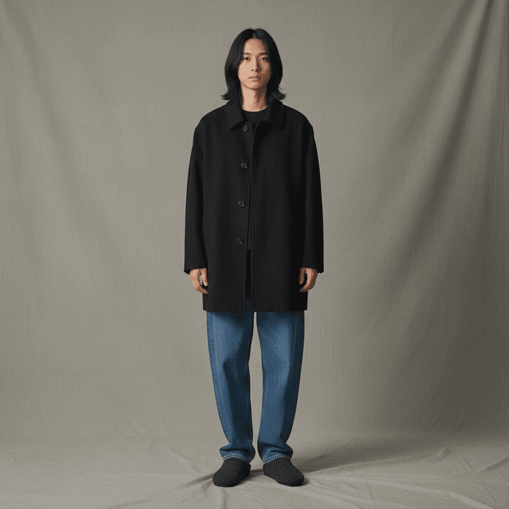 Black Oversized Wool Button Coat With Blue Relaxed Jeans And Dark Felt Slippers