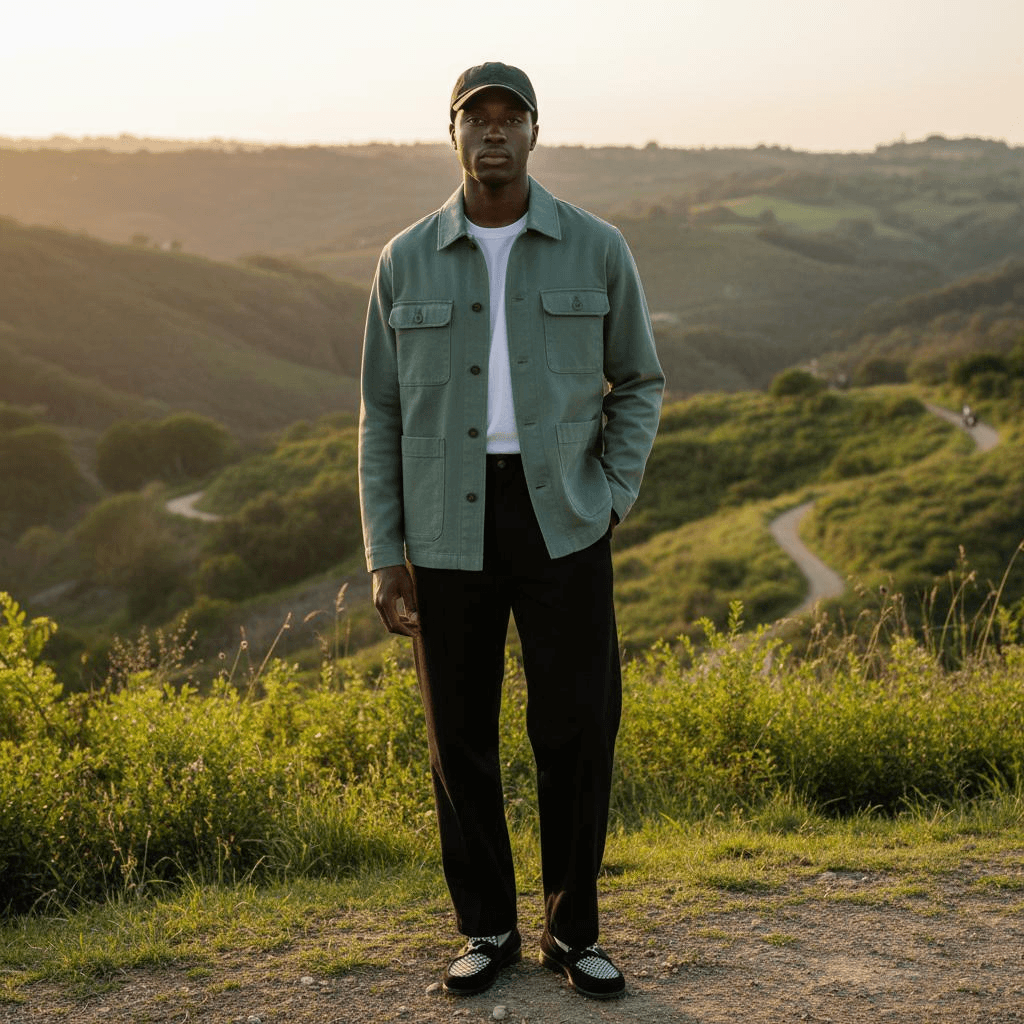 Sage Green Chore Jacket Over White Tee With Black Straight Trousers And Black-White Loafers
