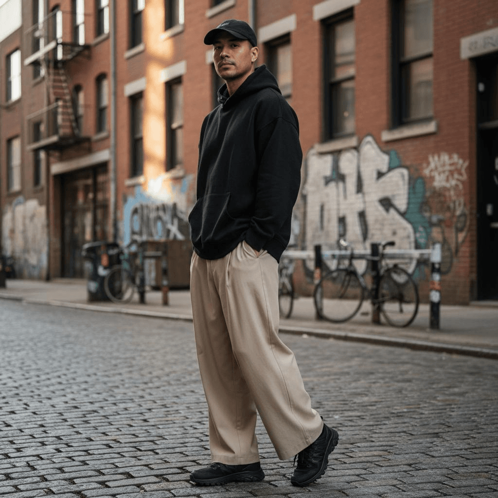 Black Oversized Hoodie With Beige Wide Pleated Trousers And Black Trail Sneakers