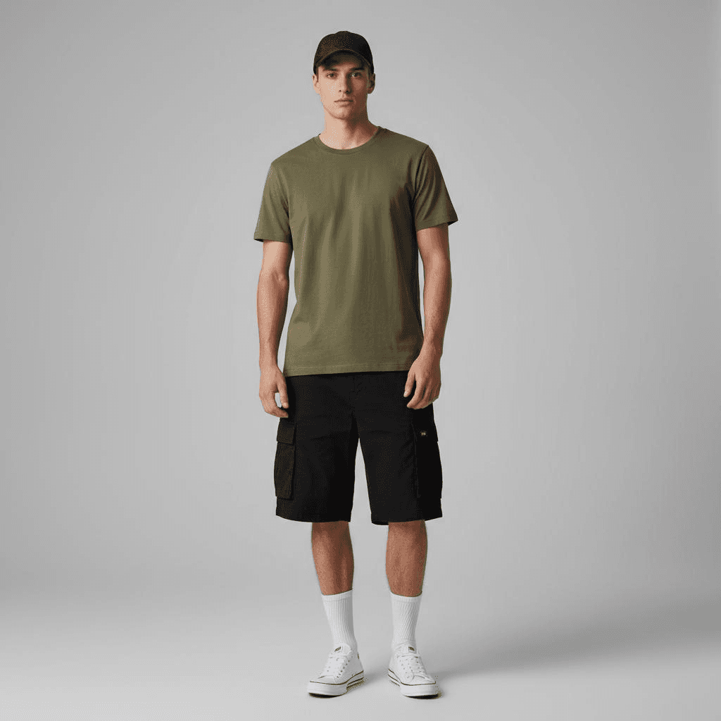 Olive T-Shirt With Black Cargo Shorts, White Crew Socks, And White Low-Top Sneakers