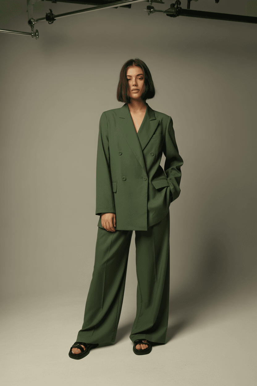 Forest-Green Double-Breasted Pantsuit With Wide-Leg Trousers And Black Sandals