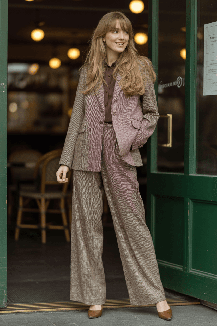 Brown Tweed Pantsuit With Wide-Leg Trousers And Brown Pointed Heels