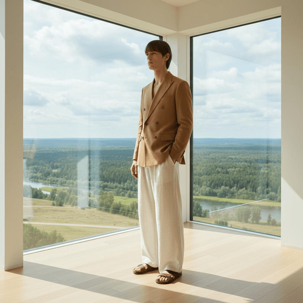Camel Double-Breasted Blazer With Cream Wide-Leg Trousers In Airy Linen And Brown Leather Sandals