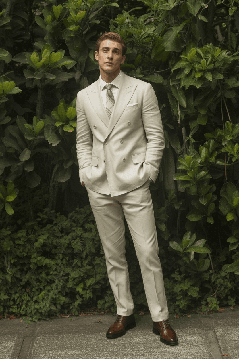 Cream Double-Breasted Linen Suit With White Shirt And Plaid Tie Finished With Brown Cap-Toe Oxfords