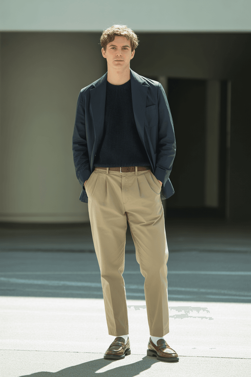 Navy Unstructured Blazer With Black Knit Tee And Beige Pleated Chinos Finished With Brown Leather Loafers