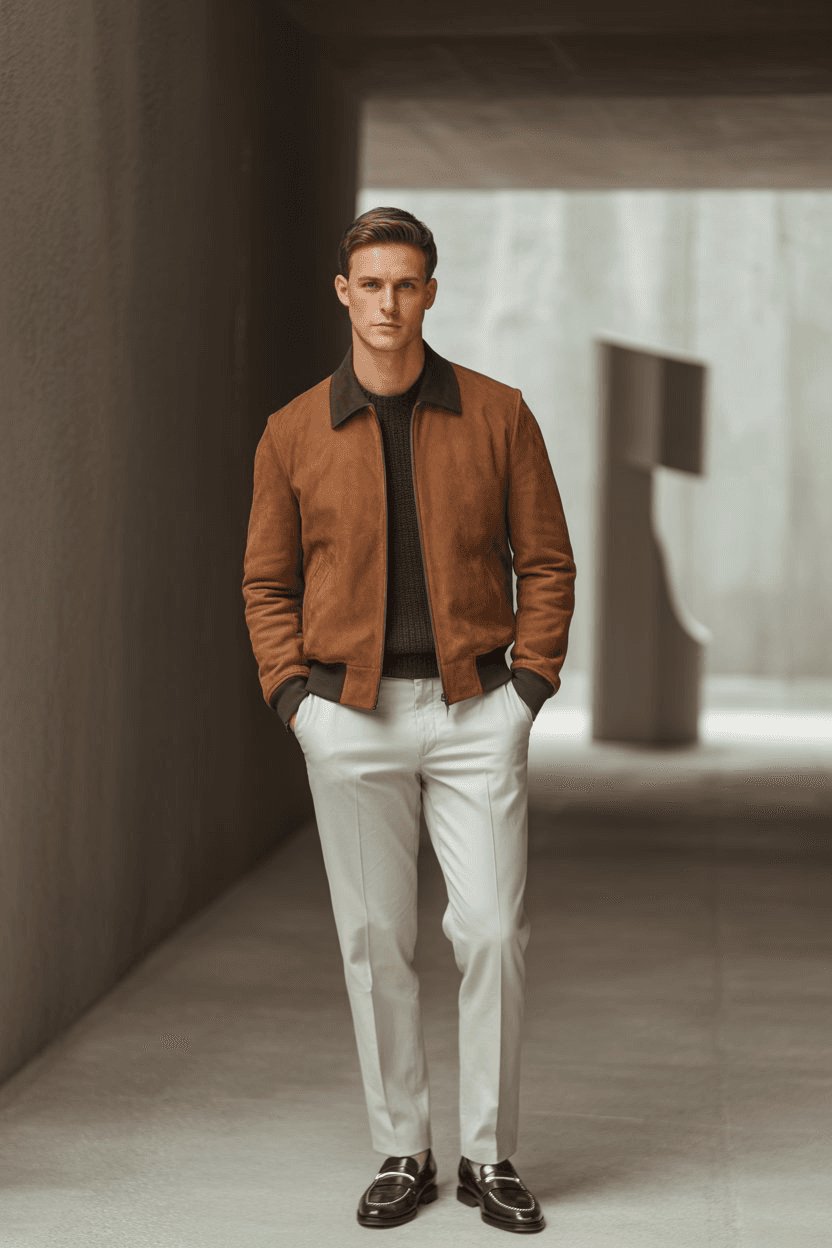 Brown Suede Bomber With Dark Knit And Ivory Tailored Trousers Finished With Brown Leather Loafers