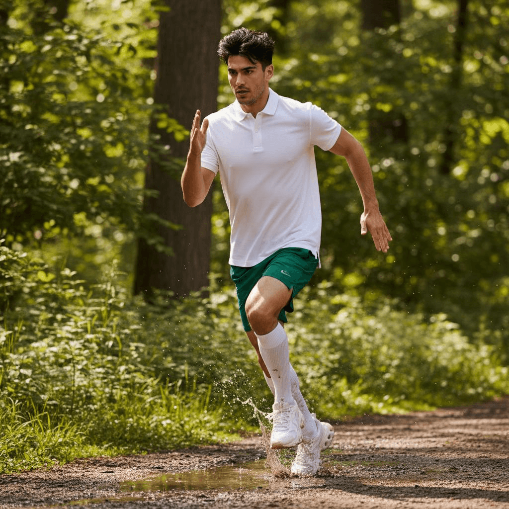 A White Short Sleeved Polo Shirt, Green Sports Shorts, White Socks, And Thick Soled Sneakers.