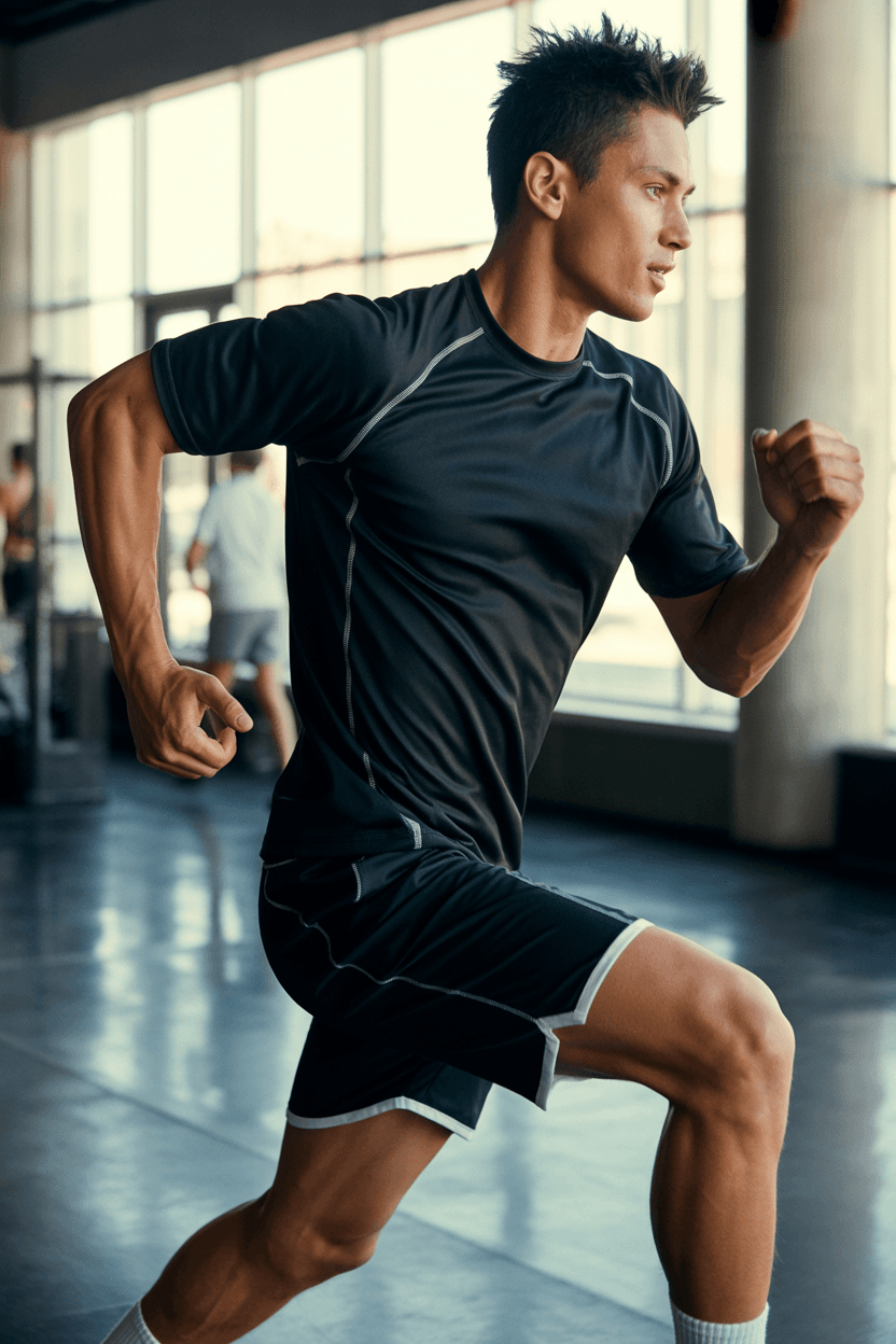 Black Sports T-Shirt With White Border, Black Shorts With White Border, White Socks, Black Sports Shoes.
