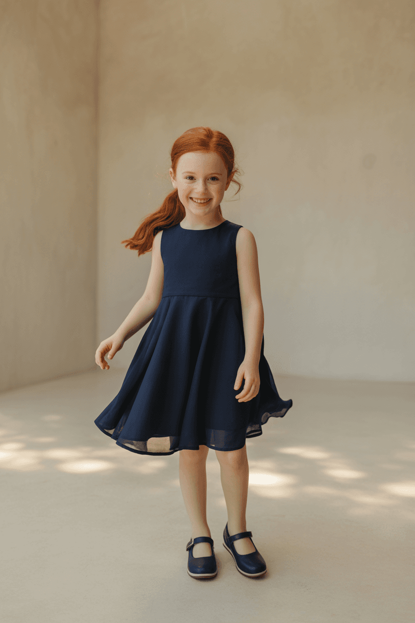 Navy Blue Sleeveless Dress With Soft Chiffon Lining Inside The Flared Skirt.Mary Jane Shoes