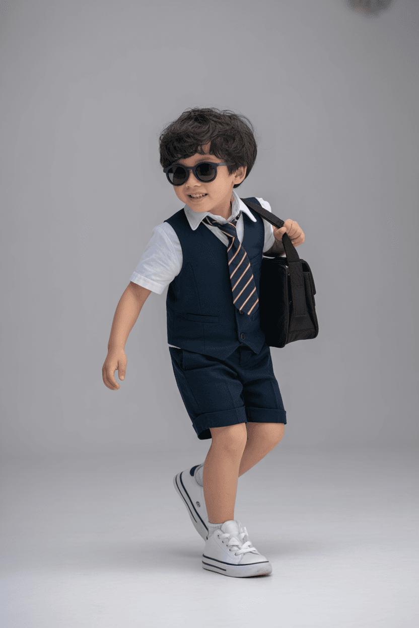 A White Shirt, A Dark Blue Vest, And Matching Shorts, Paired With A Striped Tie, Black Sunglasses, And A Black Bag. White Sneakers With Black Soles.