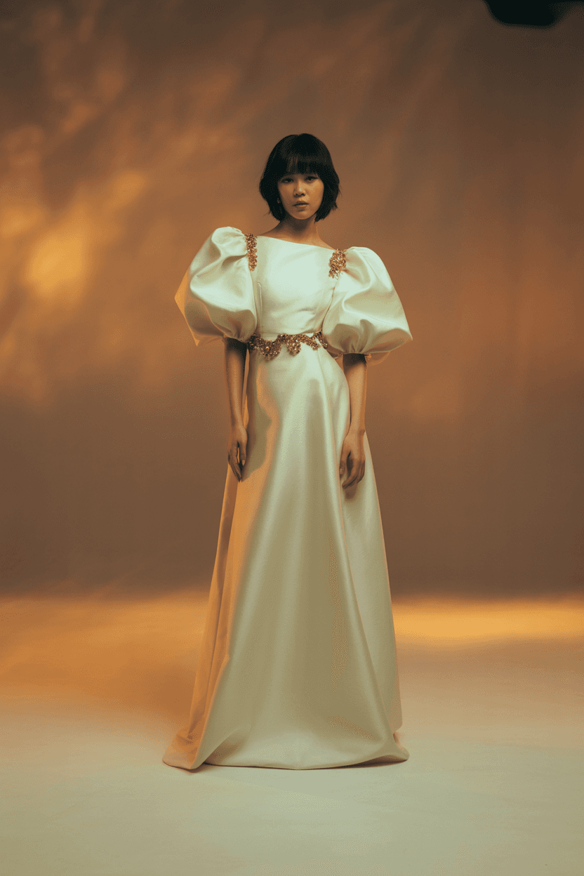 Floor-Length White Gown With Puffed Sleeves And Gold Jeweled Detailing At The Waist.