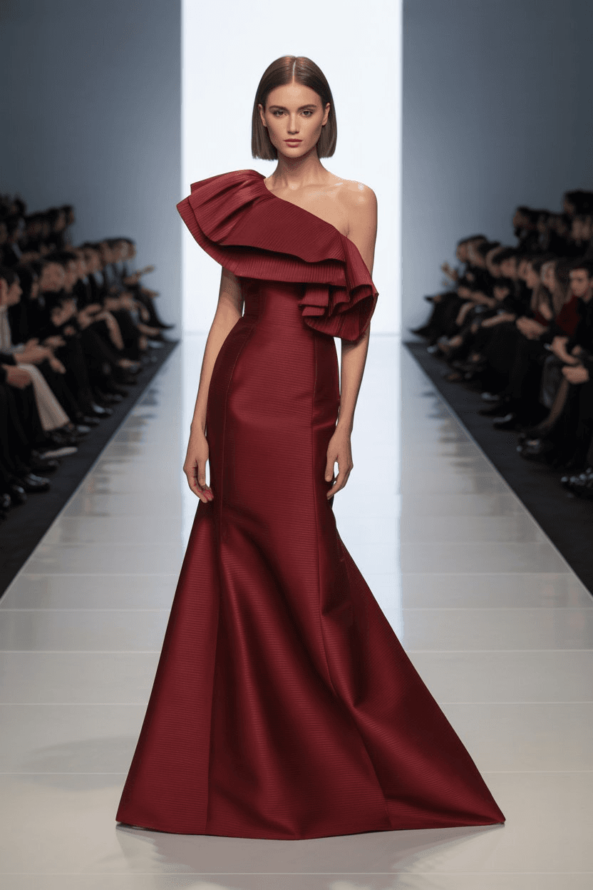 Floor-Length Red Gown With One-Shoulder Design And Oversized Ruffle Detail.