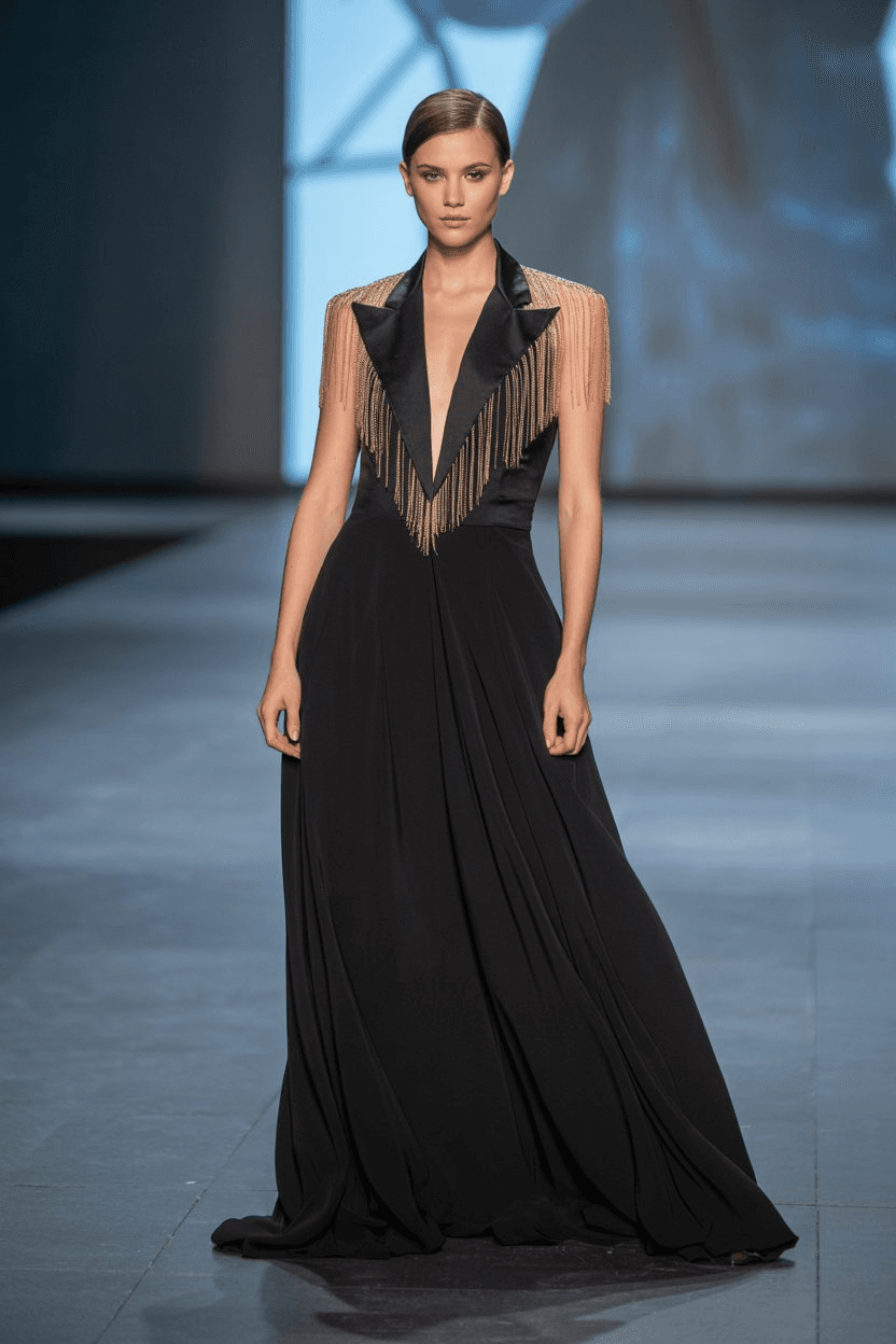 Floor-Length Black Gown With Gold Fringe Detailing On The Shoulders And A Structured Blazer-Like Design.