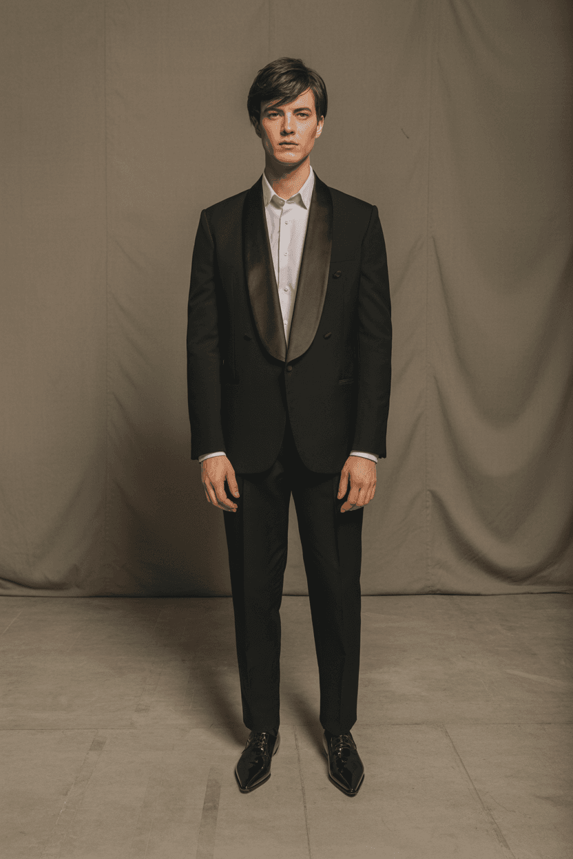 Black Tuxedo Jacket With Satin Lapels, Black Trousers, And Black Pointed Shoes