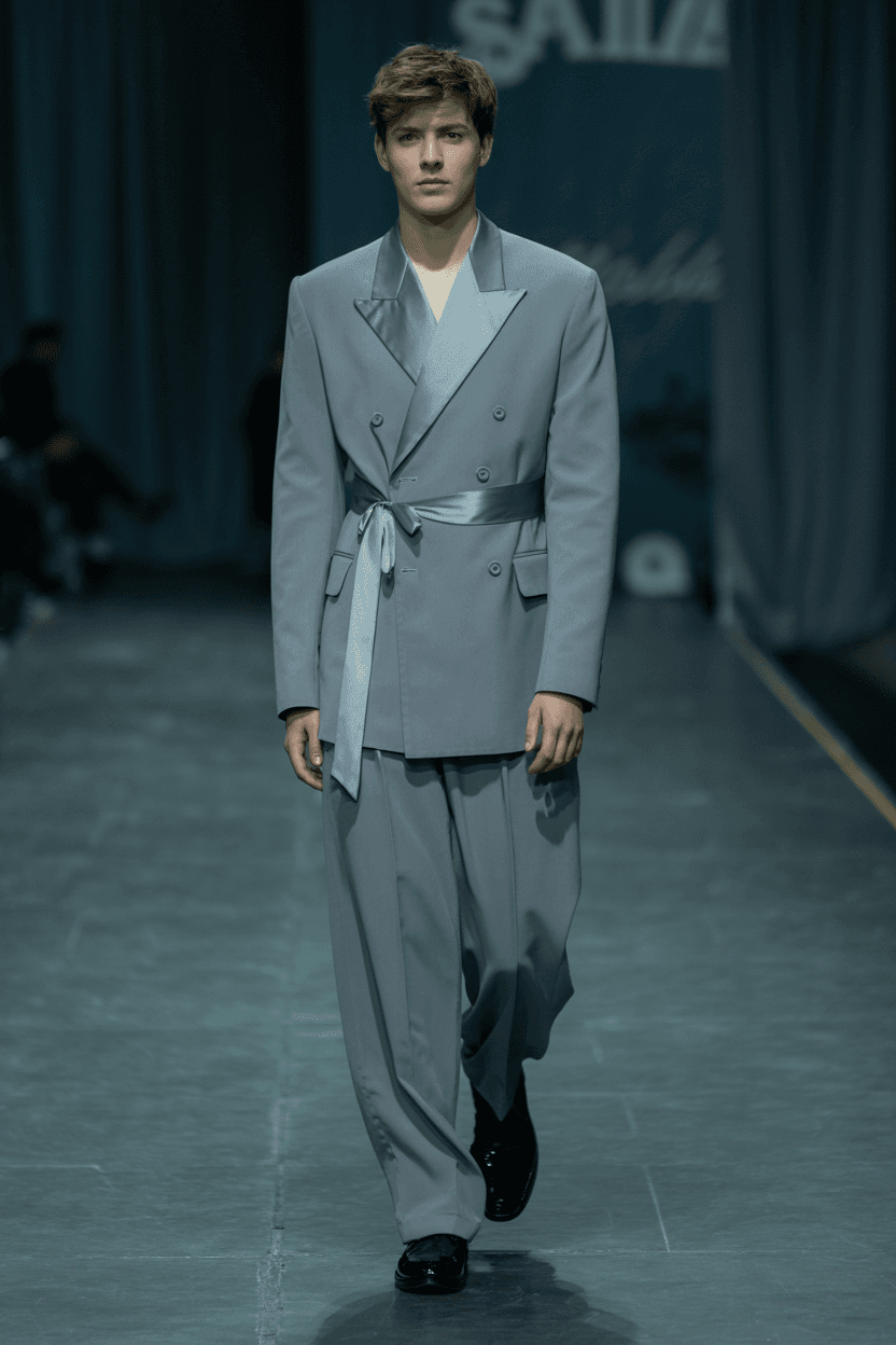 Gray Double-Breasted Suit With Satin Sash, Black Shiny Shoes