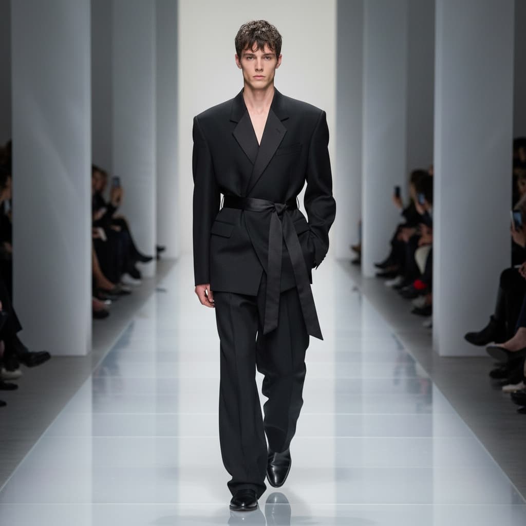 Black Oversized Suit With Satin Belt, Black Glossy Shoes