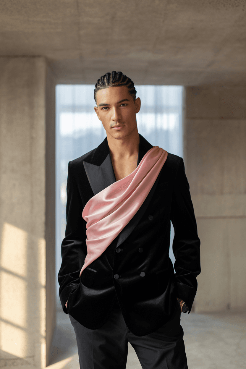 Black Velvet Suit With A Pink Satin Sash Wrapped Across The Chest