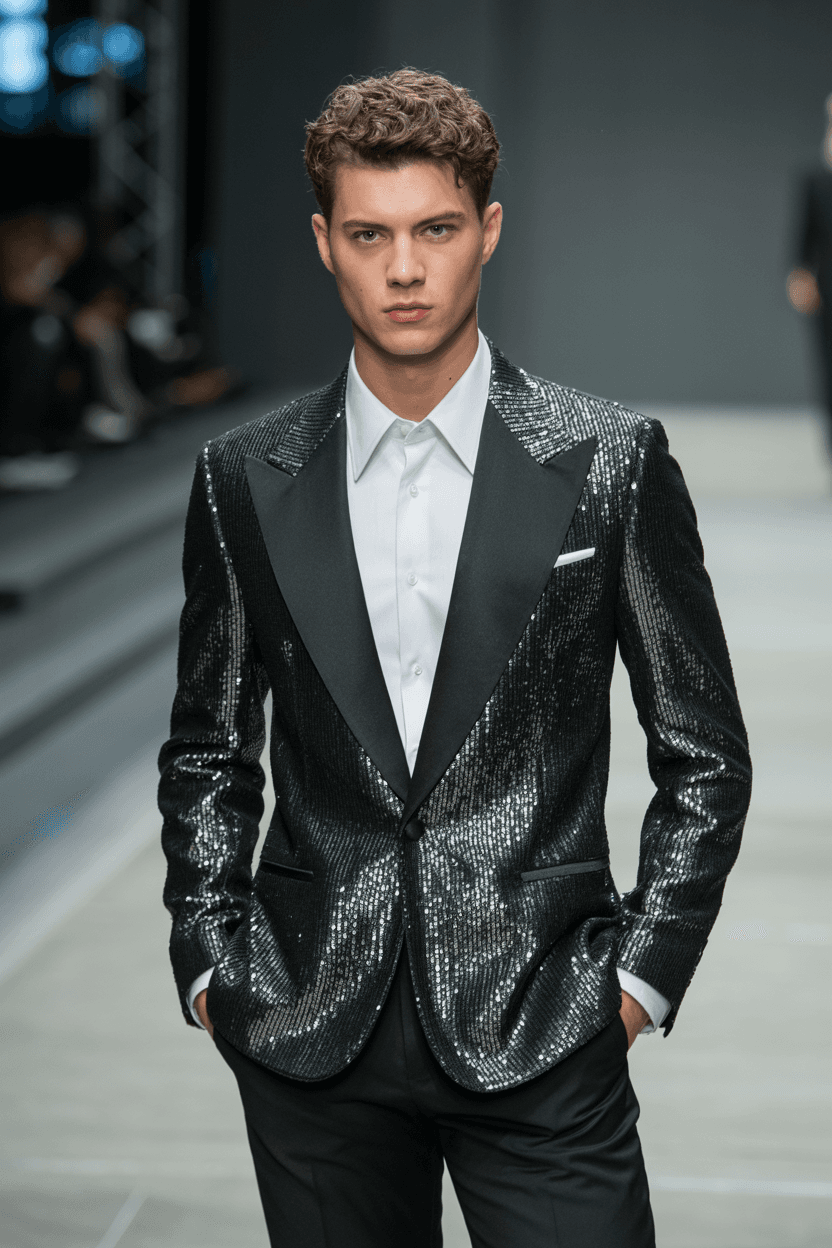 Black Blazer With Sparkling Silver Sequins, Paired With A White Shirt And And Black Pointed Shoes