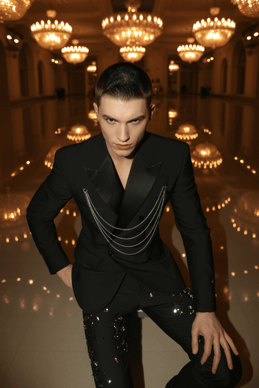 Black Suit With Chain Detail Across The Chest, Featuring Scattered White Sequins, Paired With Black Pants