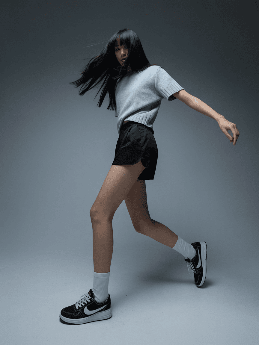 Grey Short-Sleeve Knit Shirt Paired With Black High-Waisted Shorts And White Sneakers.
