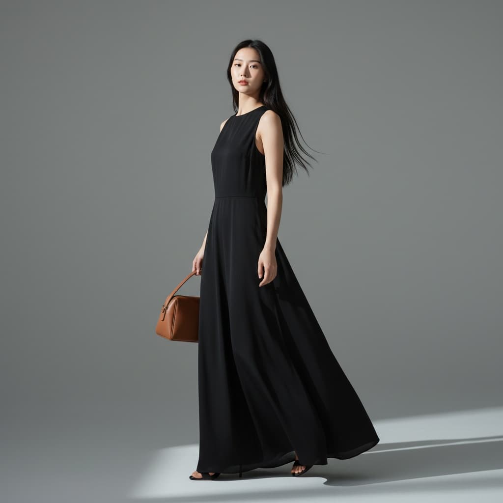 Black Sleeveless Maxi Dress With A Minimalist Design And A Brown Handbag.