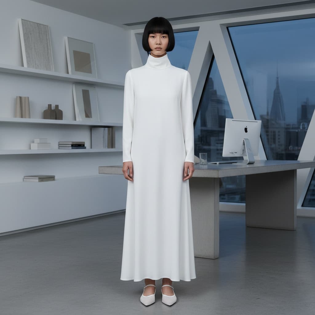 White Long Dress With A Simple Silhouette And High Collar, Paired With Mesh Shoes.