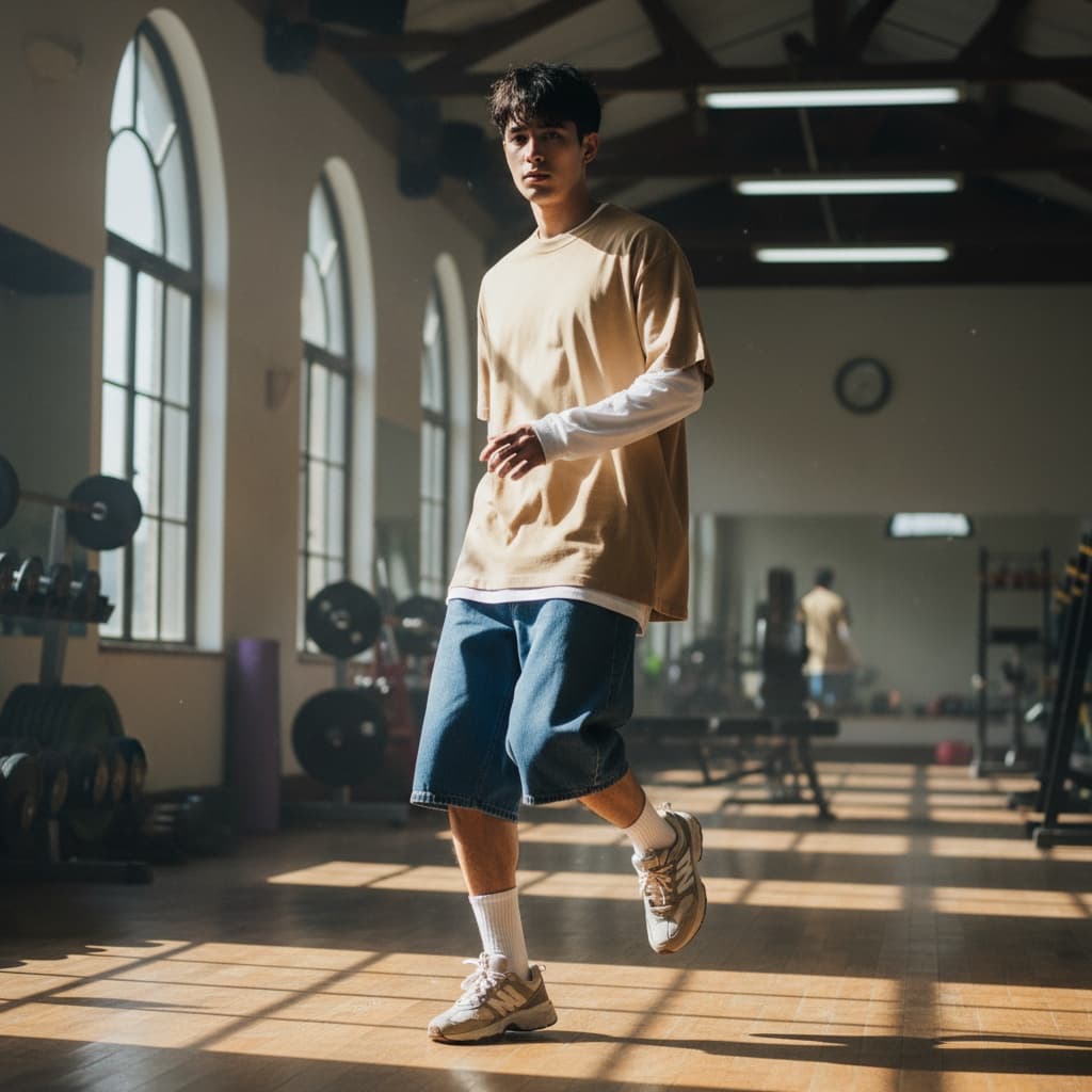 Oversized Tan T-Shirt Layered Over A White Long-Sleeve, Paired With Oversized Blue Denim Shorts