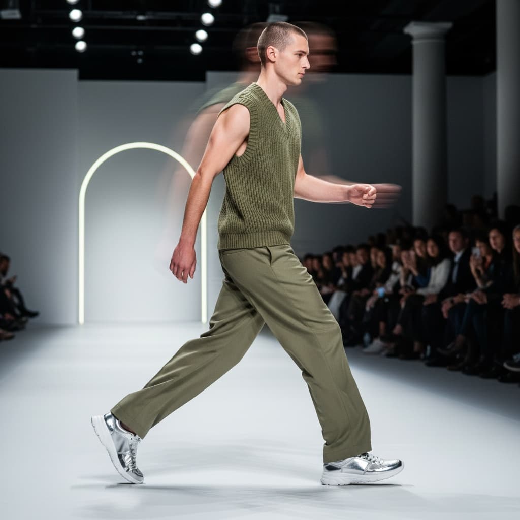Green Sleeveless Vest With A Textured Pattern, Paired With Matching Green Trousers And Silver Wearing Sneakers