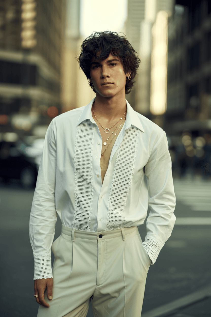 White Shirt With A Textured Lace Panel Design, Paired With Matching White Pants, And Accessorized With Gold Necklaces