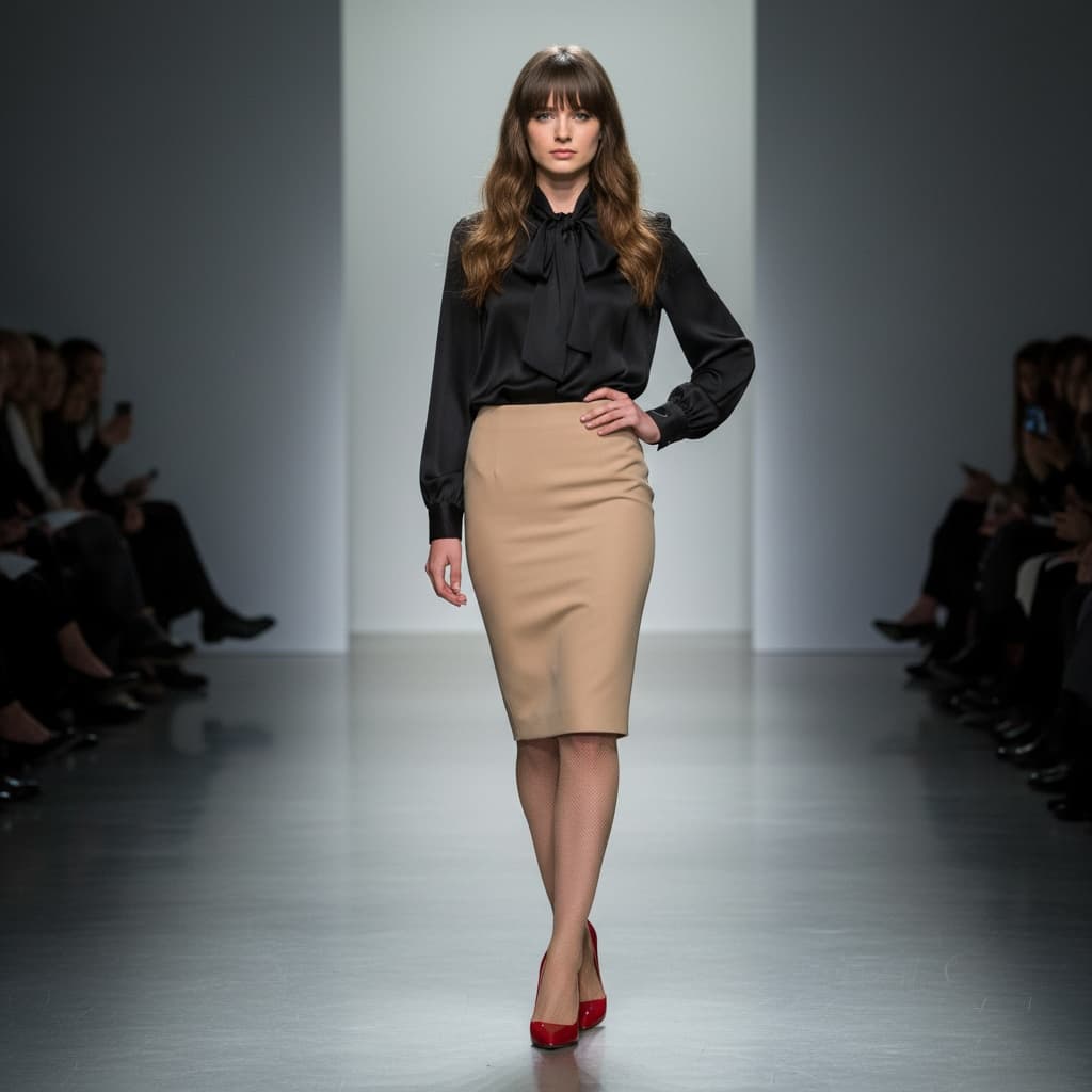 Black Blouse With A Bow Tie, Beige Pencil Skirt, Fishnet Tights, And Red Heels.