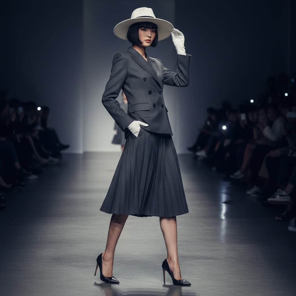 Grey Double-Breasted Suit With A Pleated Skirt, A White Hat, Gloves, And Black Heels.
