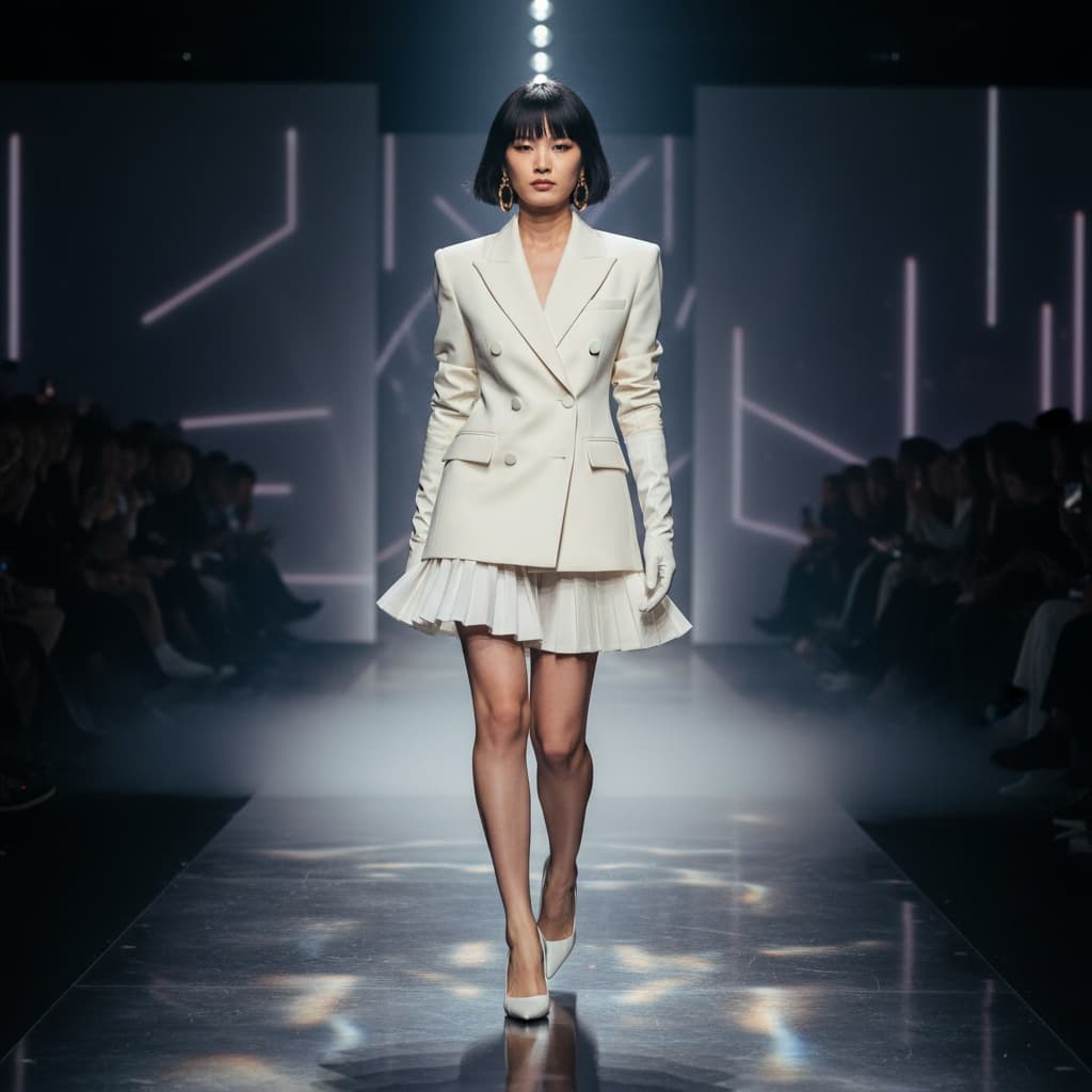 White Blazer With A Pleated Skirt, Accessorized With Hoop Earrings, Gloves, And White Heels.