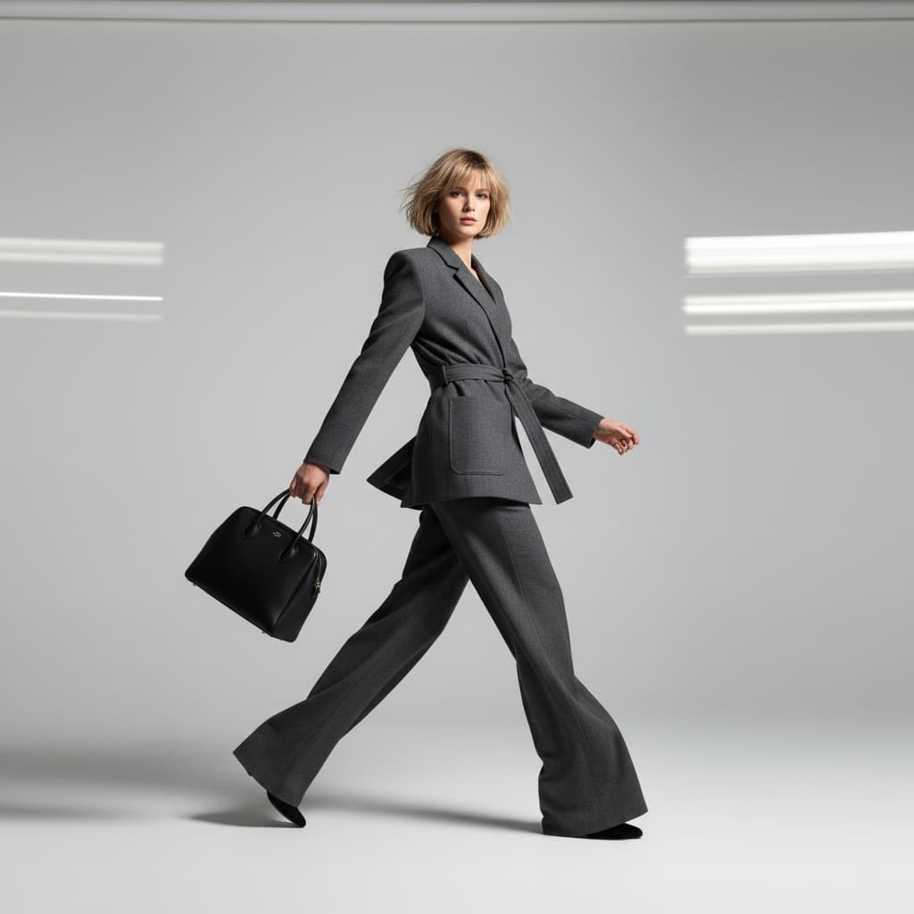Grey Belted Jacket And Matching Trousers, Paired With A Black Handbag.