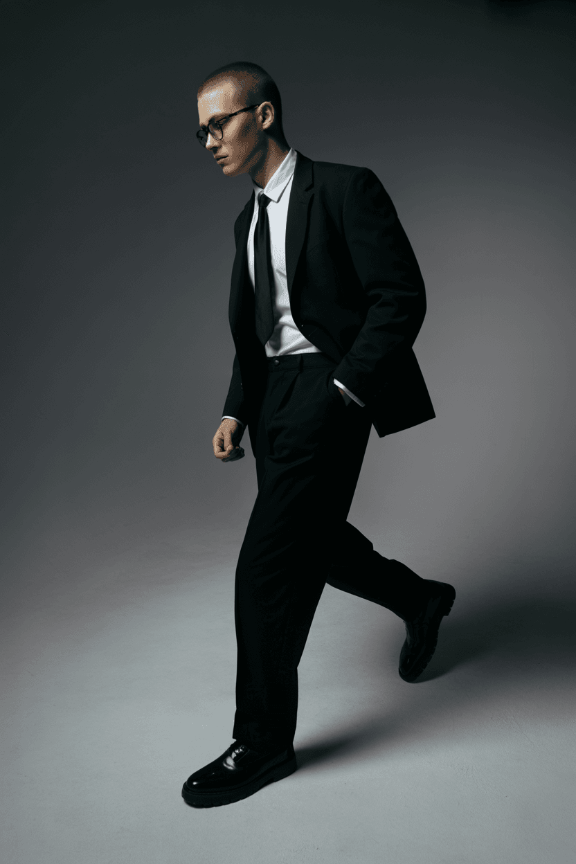 Black Suit With A White Shirt And Black Tie, Paired With Black Shoes And Glasses