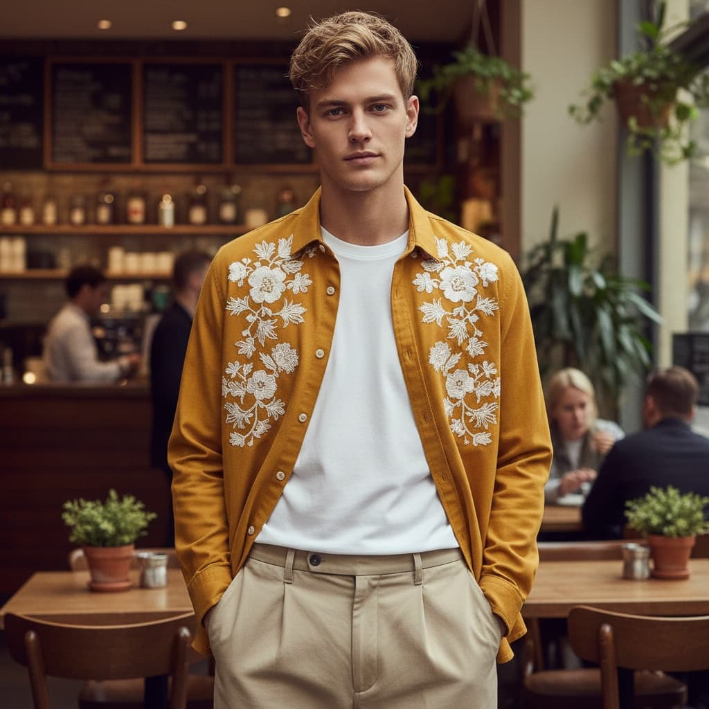 Mustard Yellow Shirt With White Floral Embroidery, Paired With Beige Trousers And A Simple White T-Shirt