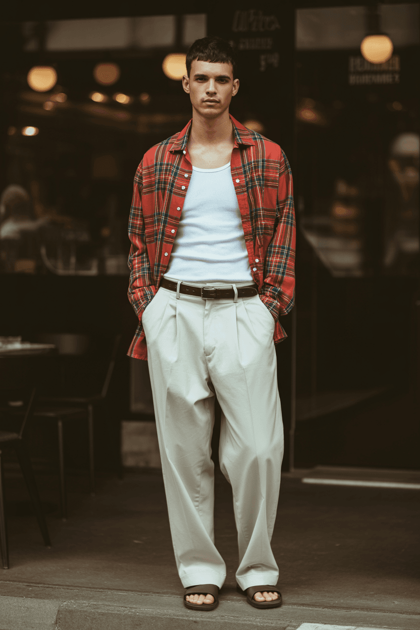 Red Plaid Shirt Layered Over A White Tank Top, Paired With White Trousers And Brown Sandals