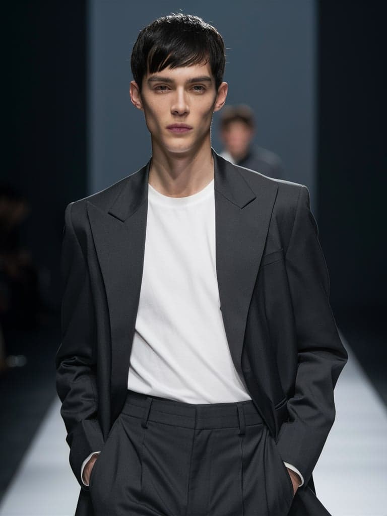 Dark Gray Suit With A White T-Shirt, Paired With Matching Gray Trousers