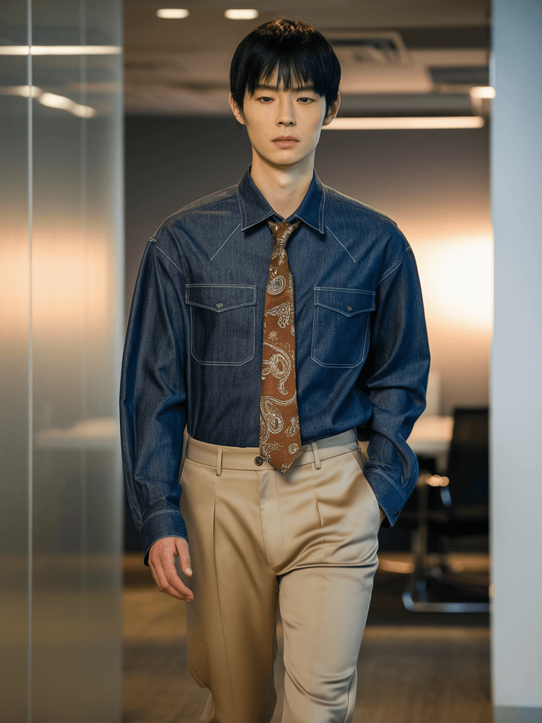Blue Denim Shirt With A Brown Paisley Tie, Beige Trousers, And Black Shoes