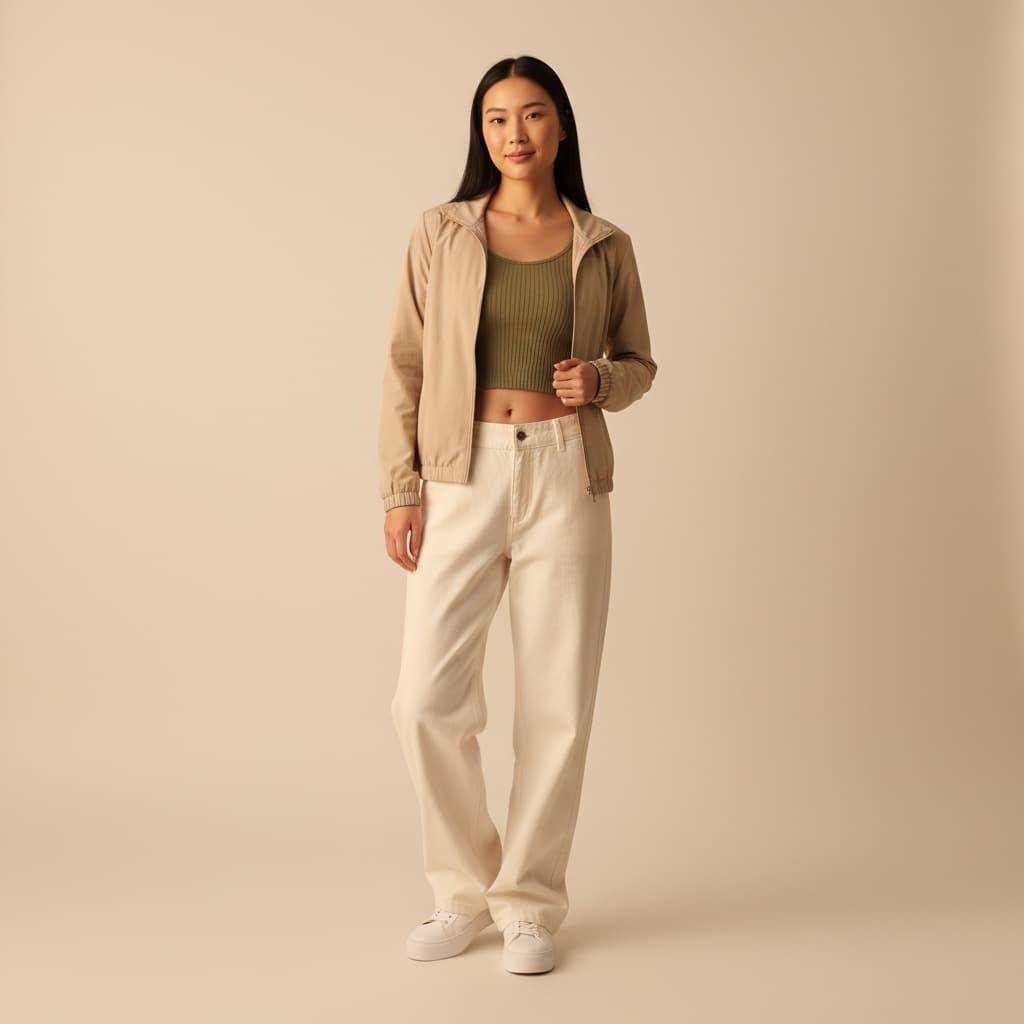 Beige Lightweight Zip-Up Jacket, Olive Green Crop Top, And Off-White Loose-Fitting Trousers Paired With White Sneakers.