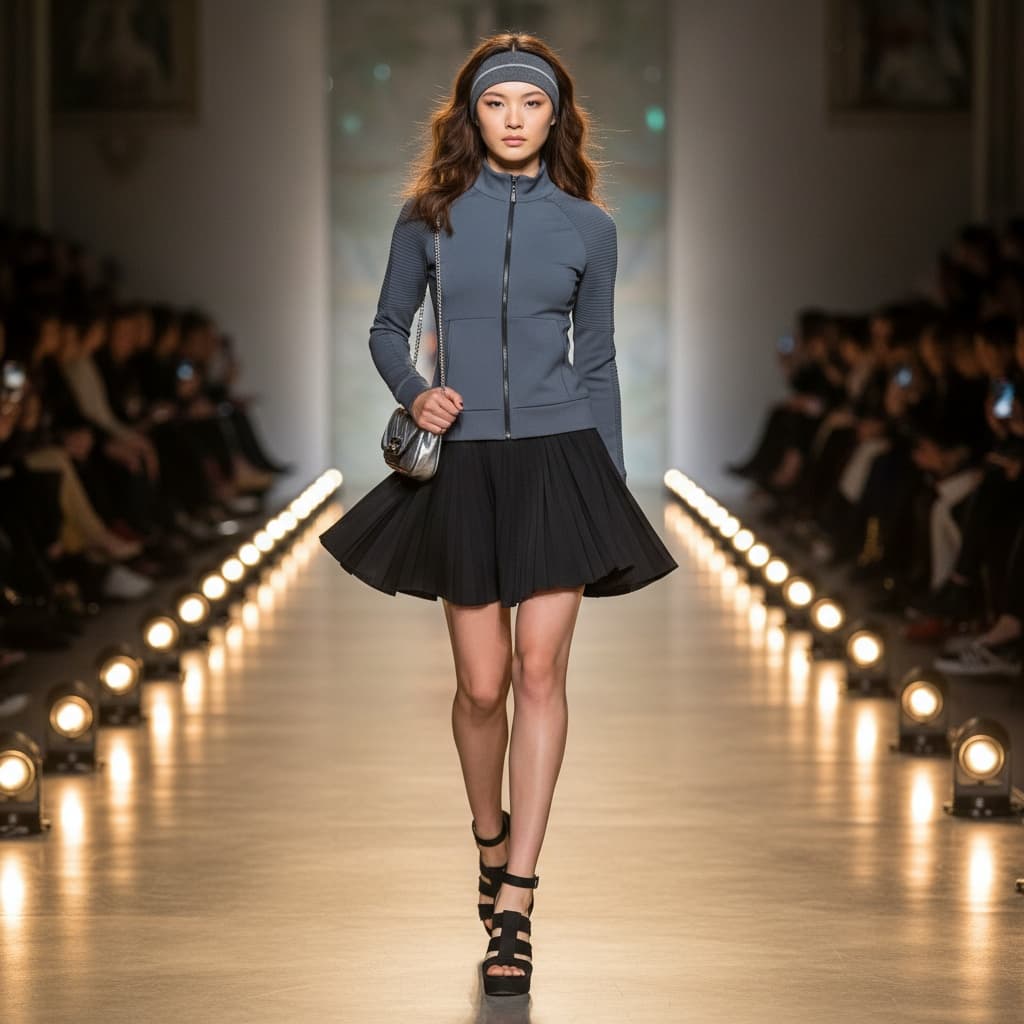 Grey Zip-Up Athletic Top Paired With Black Skirt And Matching High Heels, Accessorized With A Headband.