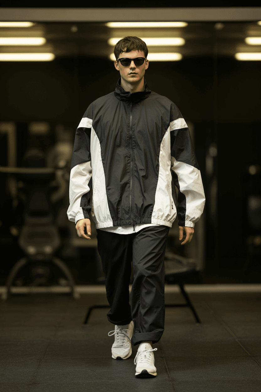 Black And White Sporty Jacket With A Relaxed Fit, Featuring A High Collar And Contrast Panel Design,white Running Shoes,black Pants