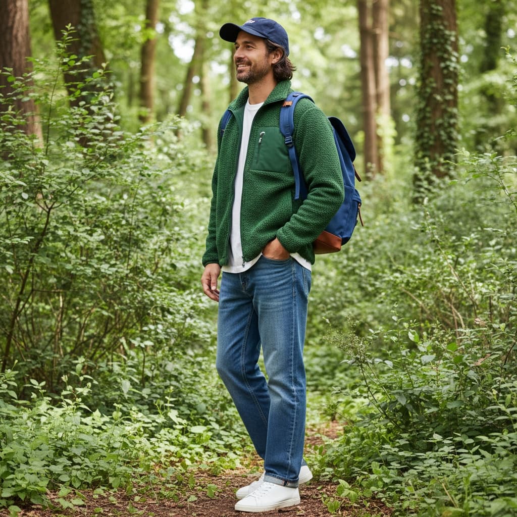 Dark Green Fleece Jacket Paired With Blue Jeans, A Cap, And A Blue Backpack, Creating A Casual Outdoor Look.white Shoes