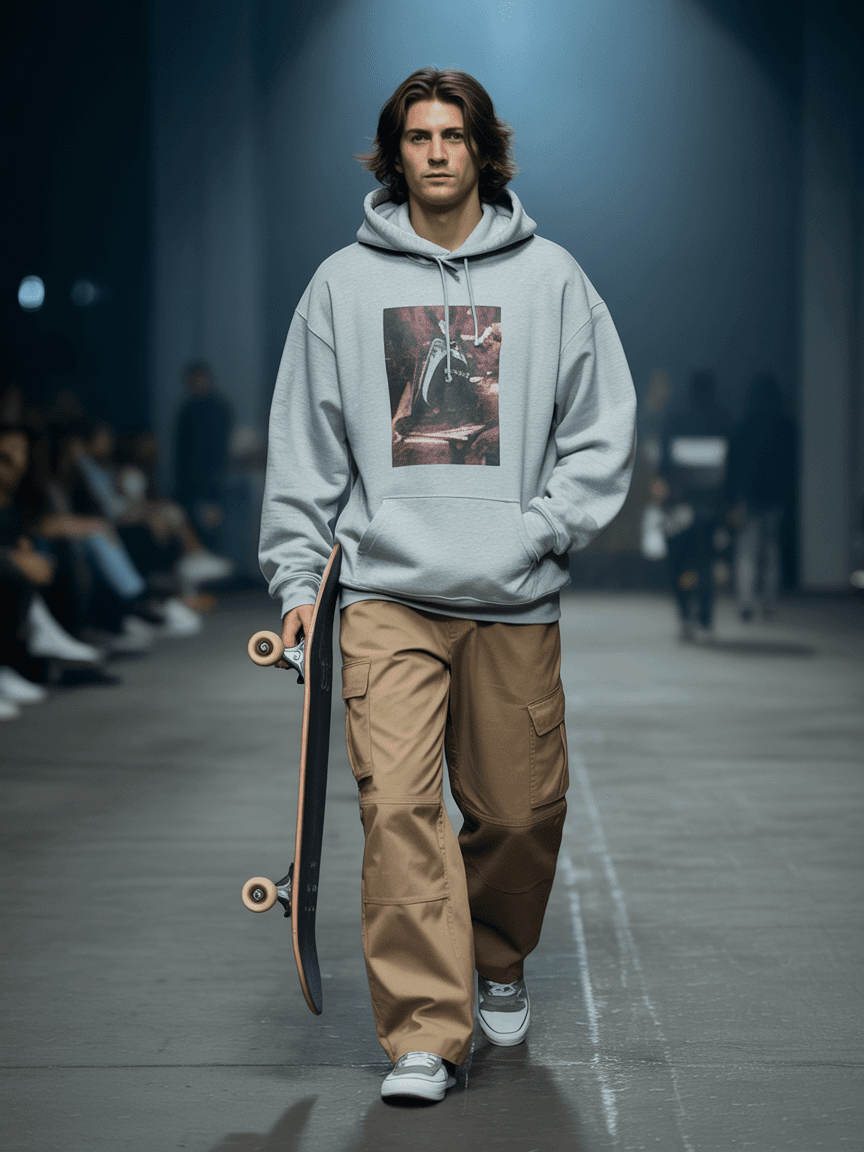 Gray Hoodie With Graphic Print, Paired With Beige Cargo Pants And Sneakers, Carrying A Skateboard.